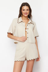 Beige Woven Linen Blended Shirt Shorts Set Tbess24au00027