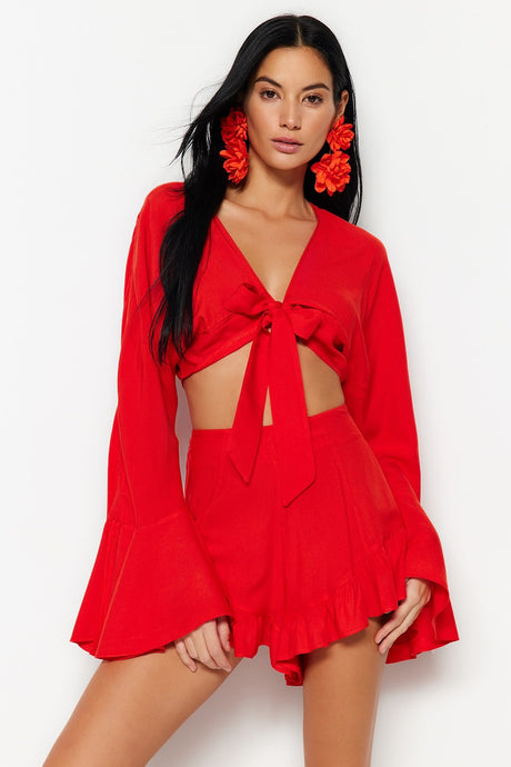 Red Woven Ruffle Blouse Shorts Suit Tbess23au00128