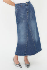 Blue Stitching Detailed High Waist Maxi Denim Skirt Twoss24et00009