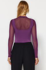 Purple Fitted/body-fitting Tulle Detailed Long Sleeve Stand-up Collar Flexible Snaps Knitted Bodysui