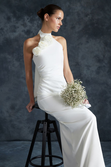 Bridal White Rose Detailed Elegant Evening Dress Tprss24ae00011