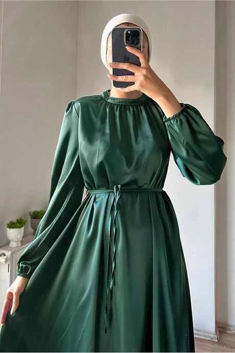 Women's Green (emerald) Belted Satin Evening Dress T 4242 23yabltr4242