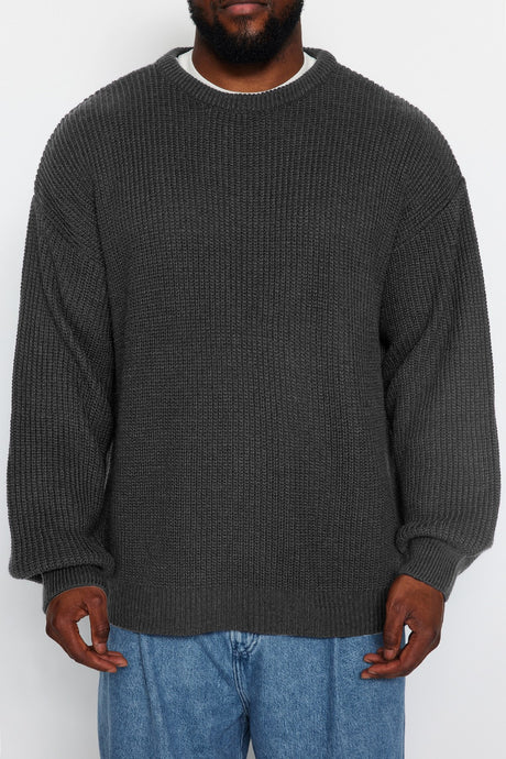 Khaki Plus Size Men's Oversize Fit Wide Pattern Crew Neck Basic Knitwear Sweater Tmnaw24an00001