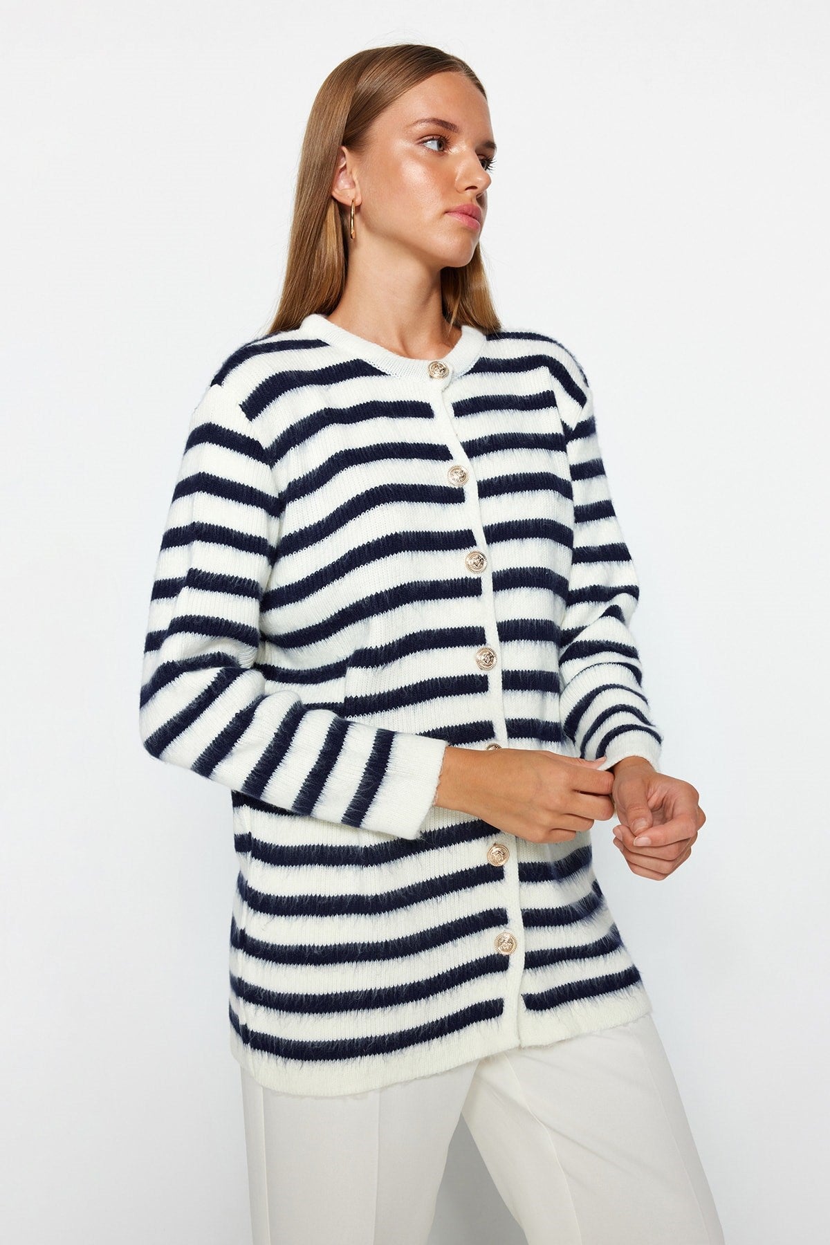 Ecru Navy Striped Gold Button Detailed Soft Textured Knitwear Cardigan Tctaw24th00046