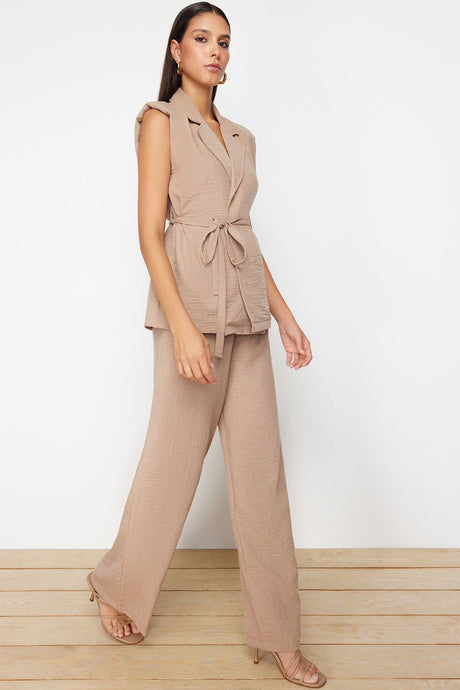 Dark Beige Woven Bottom Top Suit Twoss24au00041