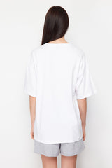 White Slogan Printed Oversize/wide Cut Knitted Shorts&t-shirt Suit Twoss24au00036