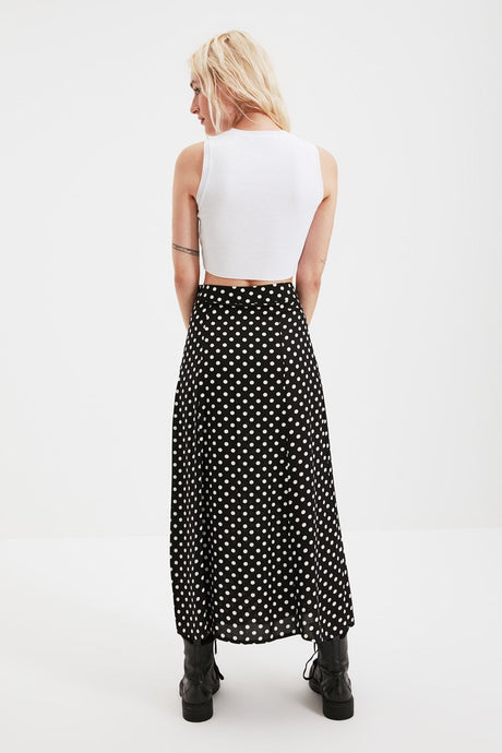 Black Polka Dot Slit Detail Viscose Fabric Midi Woven Skirt Twoaw20et0205