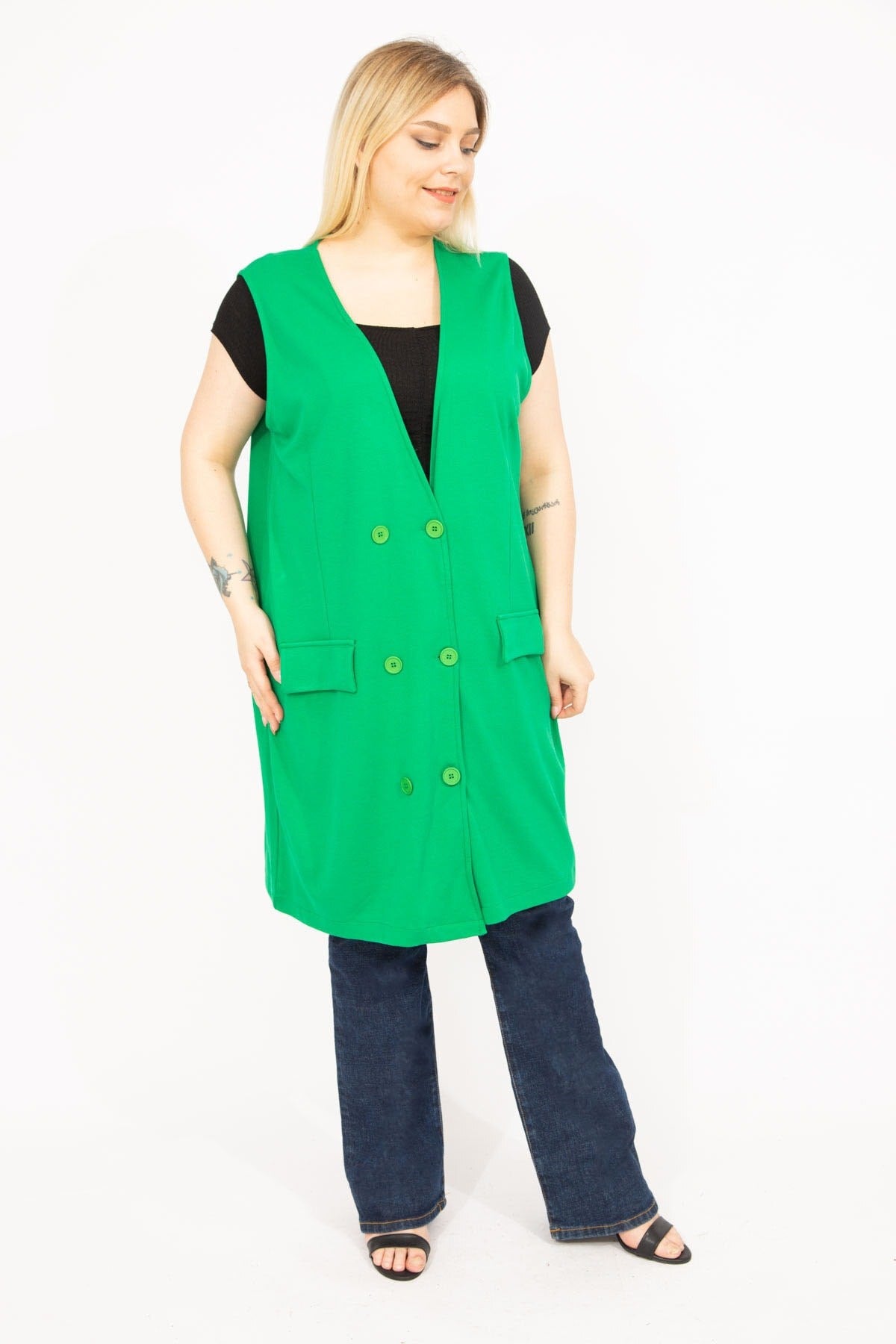 Women's Green Plus Size Front Buttoned Ornament Pocket Long Vest 65n35779 65n35779