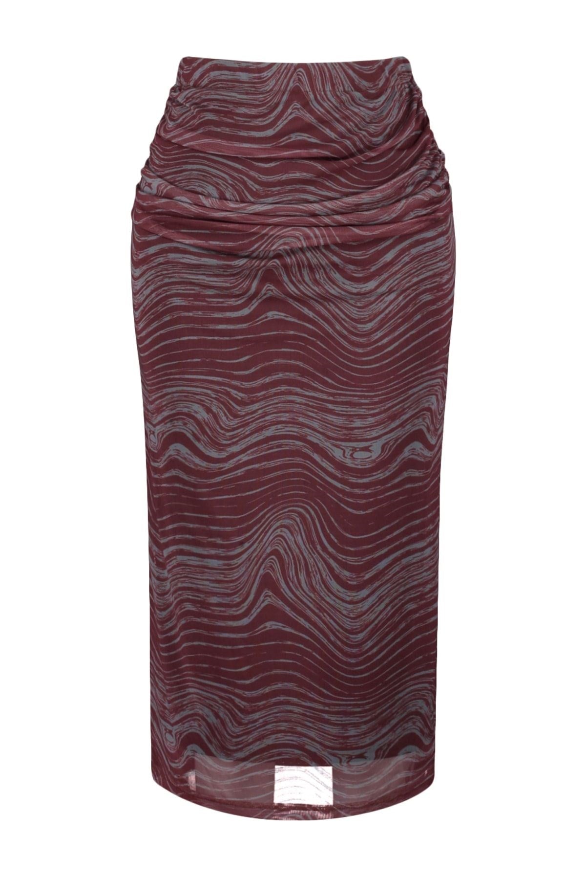 Burgundy Printed Tulle Body-fitting High Waist Lined Midi Knit Skirt Twoss23et00148