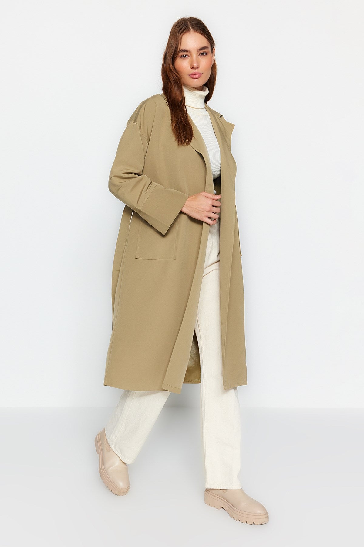 Beige Oversize Wide Cut Belted Sleeve Detailed Pockets Water Repellent Long Trench Coat Twoaw24tr000