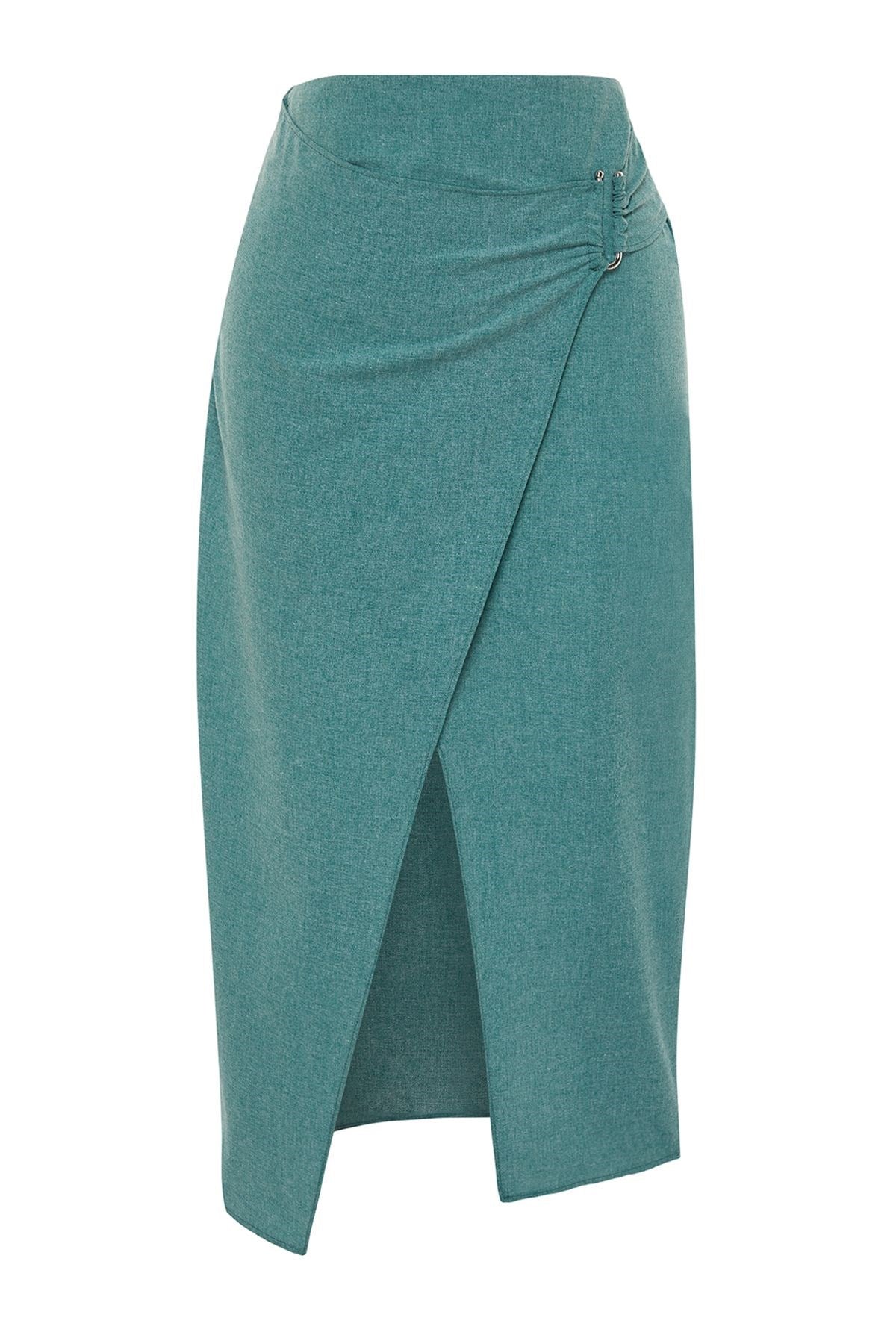 Green Linen Look Buckle Detailed Double-breasted Closure Midi Woven Skirt Twoss24et00130