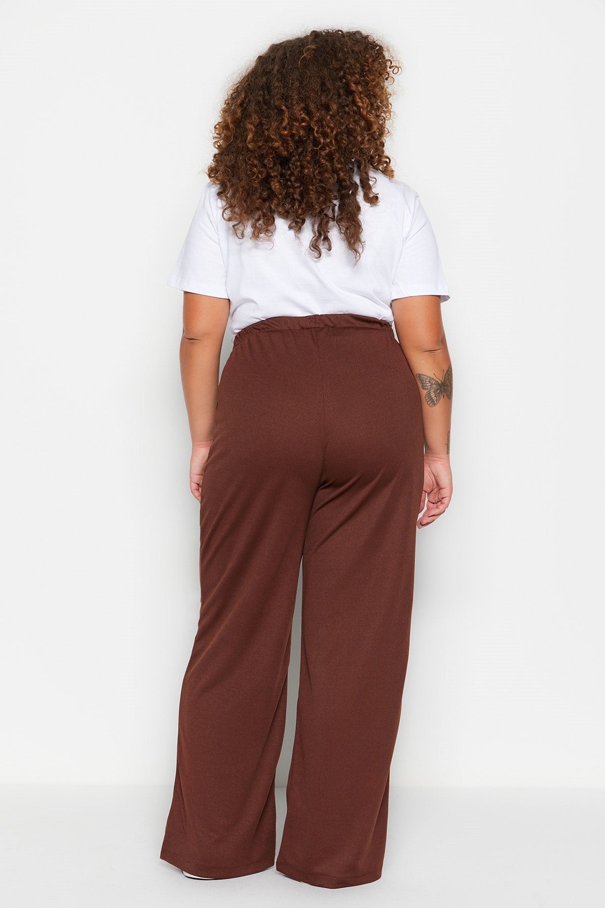 Brown Wide Cut Knitted Crepe High Waist Ribbed Pants Tbbss23ar00021