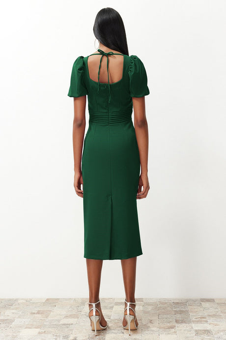 Emerald Green Waist Detailed Body Sitting Woven Dress Tprss24el00158