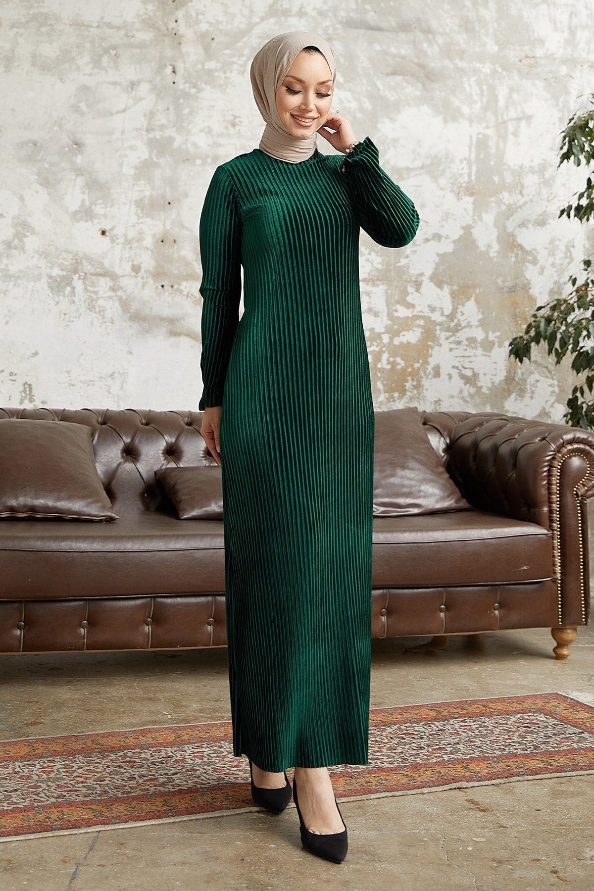 Elza Back Tie Velvet Burkini Dress - Oil Green Ms00an61012