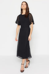 Black A-cut Back Detailed Angel Sleeve Midi Lined Chiffon Woven Dress Twoss23el01461