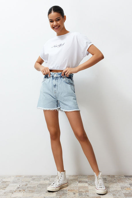 Light Blue Elastic Waist Denim Shorts & Bermuda Twoss24sr00057