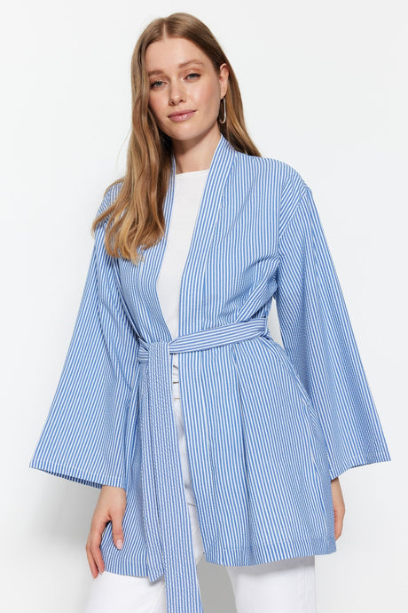 Blue Belted Woven Wafer Striped Kimono & Kaftan Tctss23kk00001