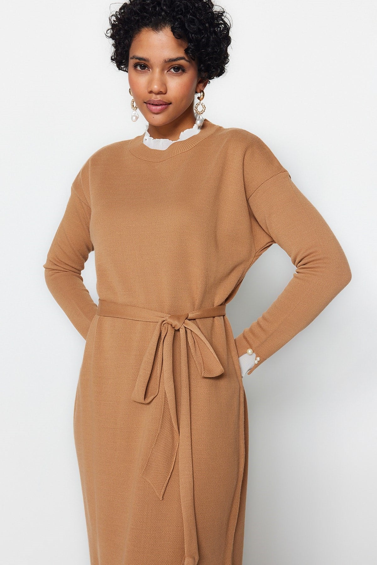 Camel Pearl Detailed Knitwear Dress Tctaw24eb00001