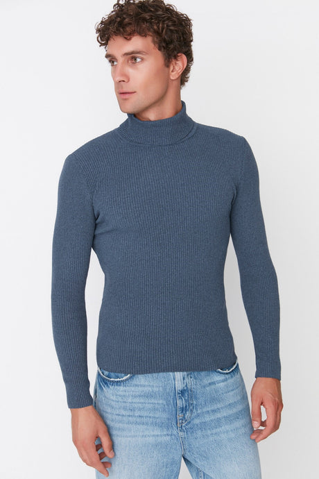 Grey Men's Slim Fit Turtleneck Ribbed Knit Basic Sweater Tmnaw20mg0031