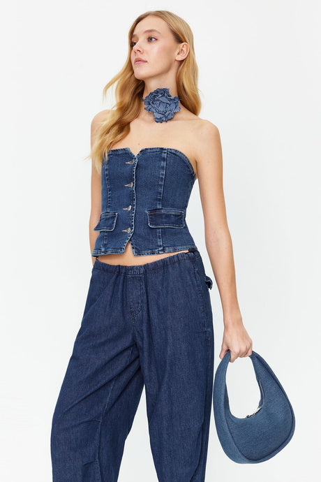 Blue Stitching Detailed Strapless Denim Bustier Twoss24bs00003