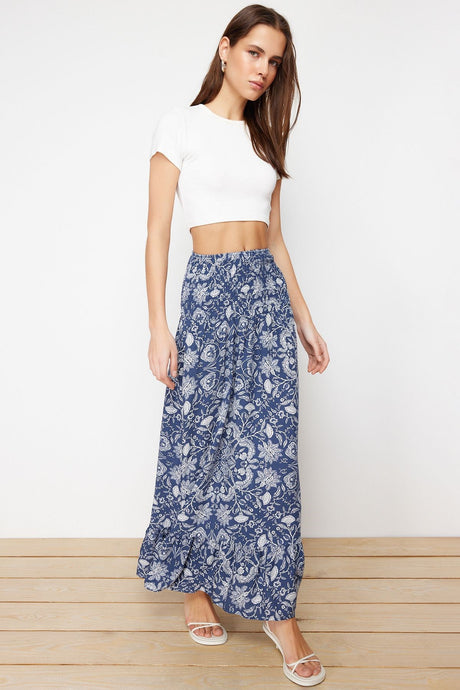 Navy Blue Floral Printed Midi Woven Skirt Twoss24et00184