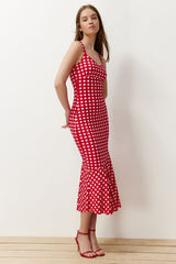 Red Plaid Strappy Body-fitting Ribbed Flexible Knitted Maxi Pencil Dress Twoss24el00682