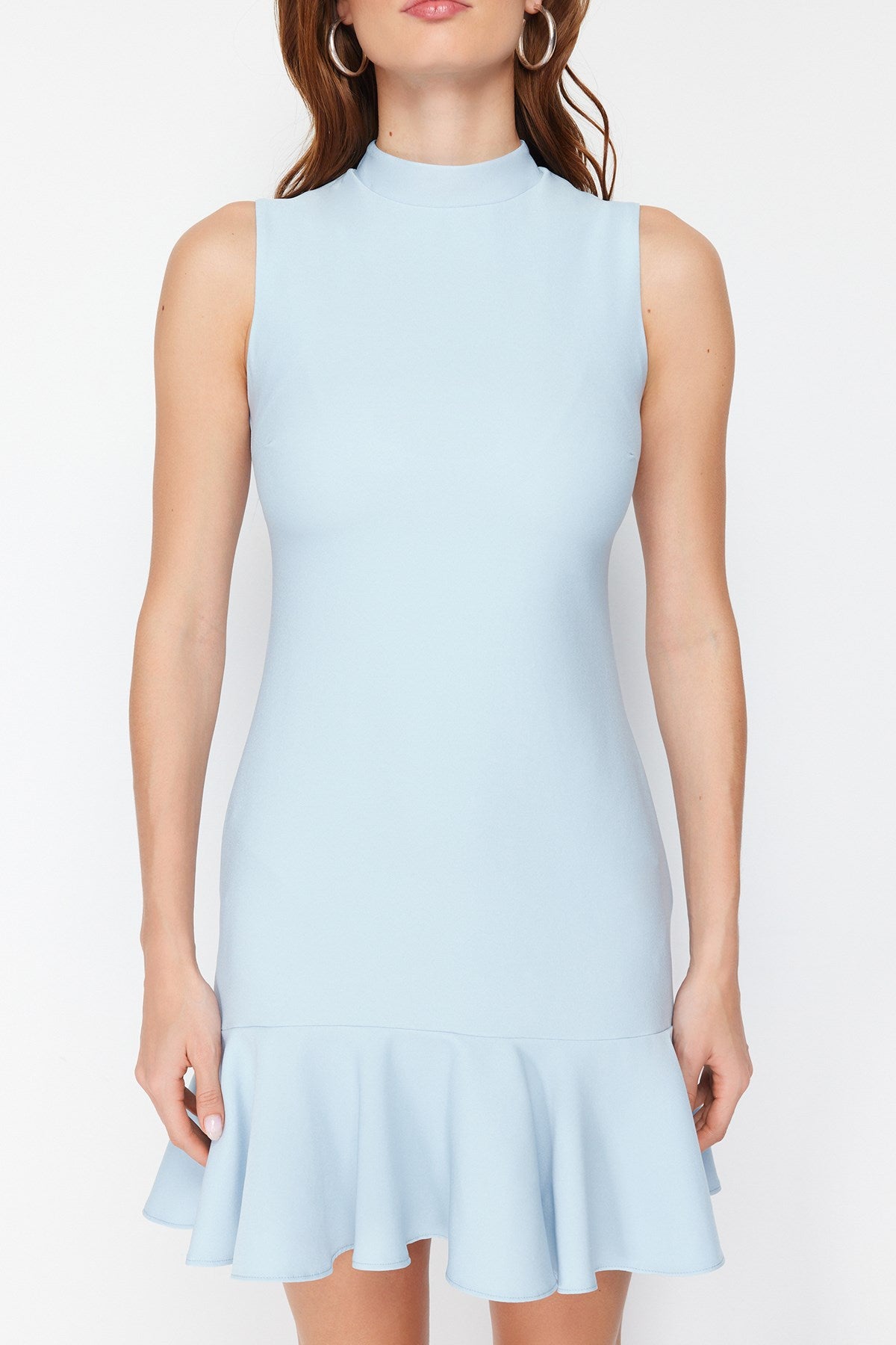 Blue Body-fitting Skirt Ruffle Plunging Neckline Mini Sleeveless Woven Dress Twoss24el00602