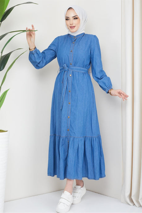 Denim Dress With Frill Frills Dark Blue 2093