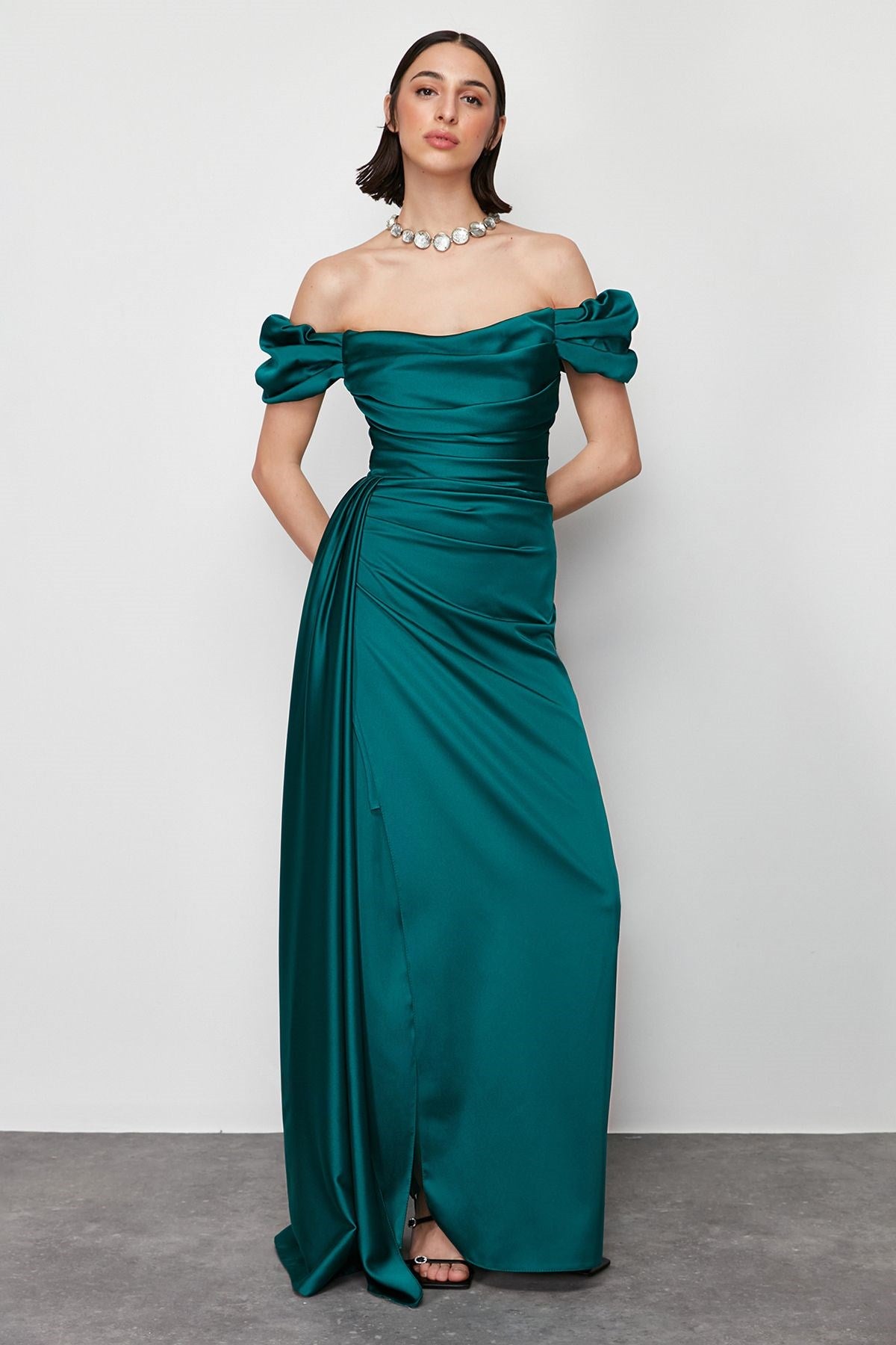 Emerald Green Draped Satin Long Evening Dress Tprss24ae00113