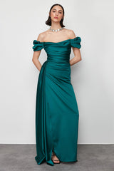 Emerald Green Draped Satin Long Evening Dress Tprss24ae00113