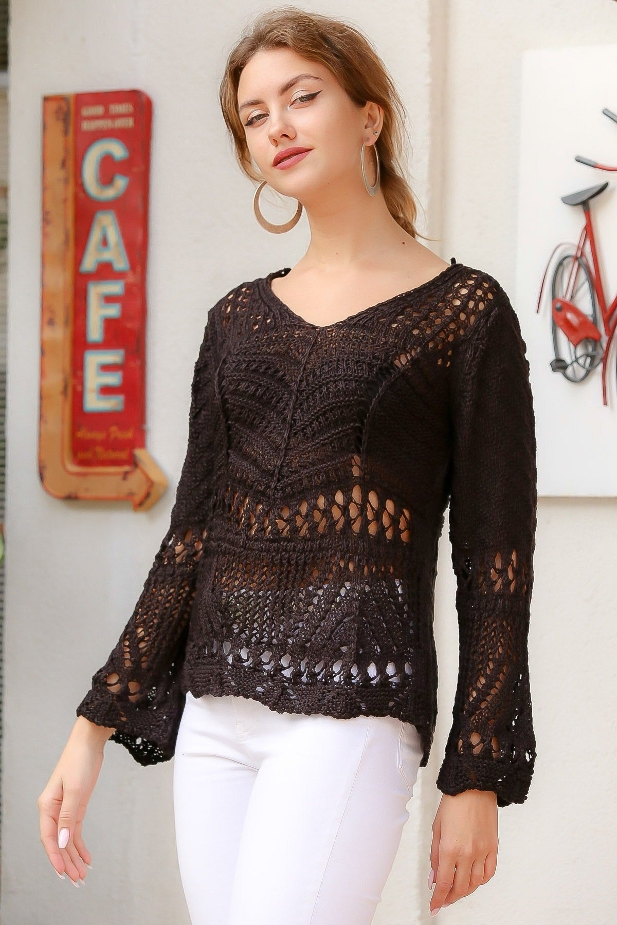 Black V Neck Long Sleeve Standard Casual Acrylic Knitwear Blouse M10010200bl93418