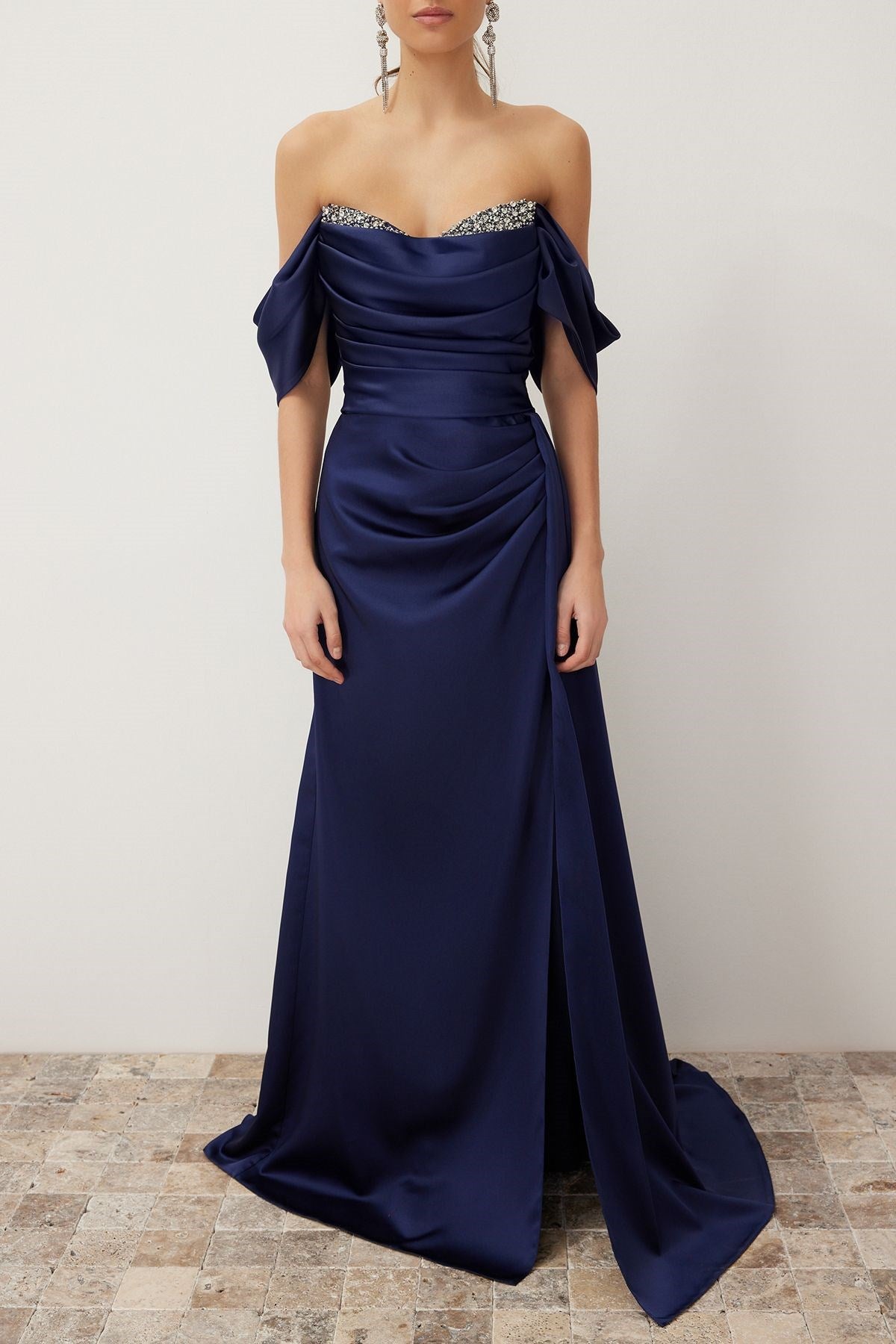 Navy Blue Low Sleeve Stone Accessory Detailed Long Woven Elegant Evening Dress Tprss24ae00186