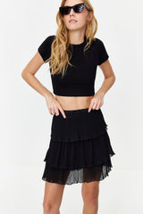 Black Pleated Skirt Ruffle Chiffon Mini Woven Skirt Twoss24et00047