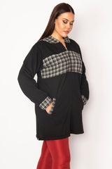 Women's Plus Size Black Plaid Pattern Detailed Hooded Coat 65n29568 65n29568