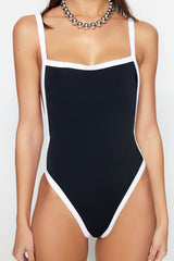 Black Square Collar Colour Block High Leg Swimsuit Tbess23ma00048