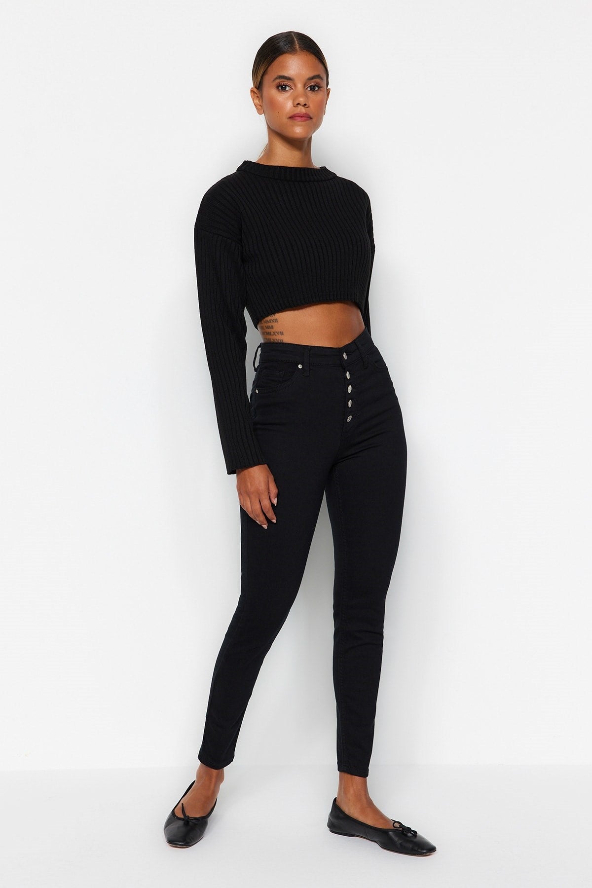 Faded Black Front Button High Waist Skinny Jeans Twoaw24je00090