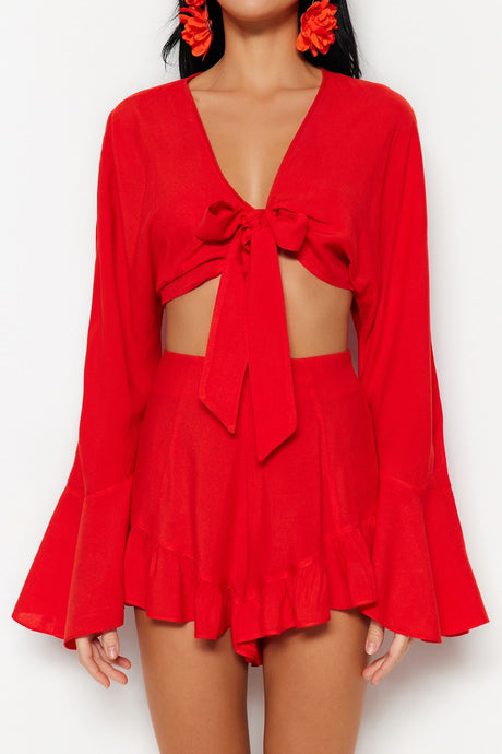 Red Woven Ruffle Blouse Shorts Suit Tbess23au00128