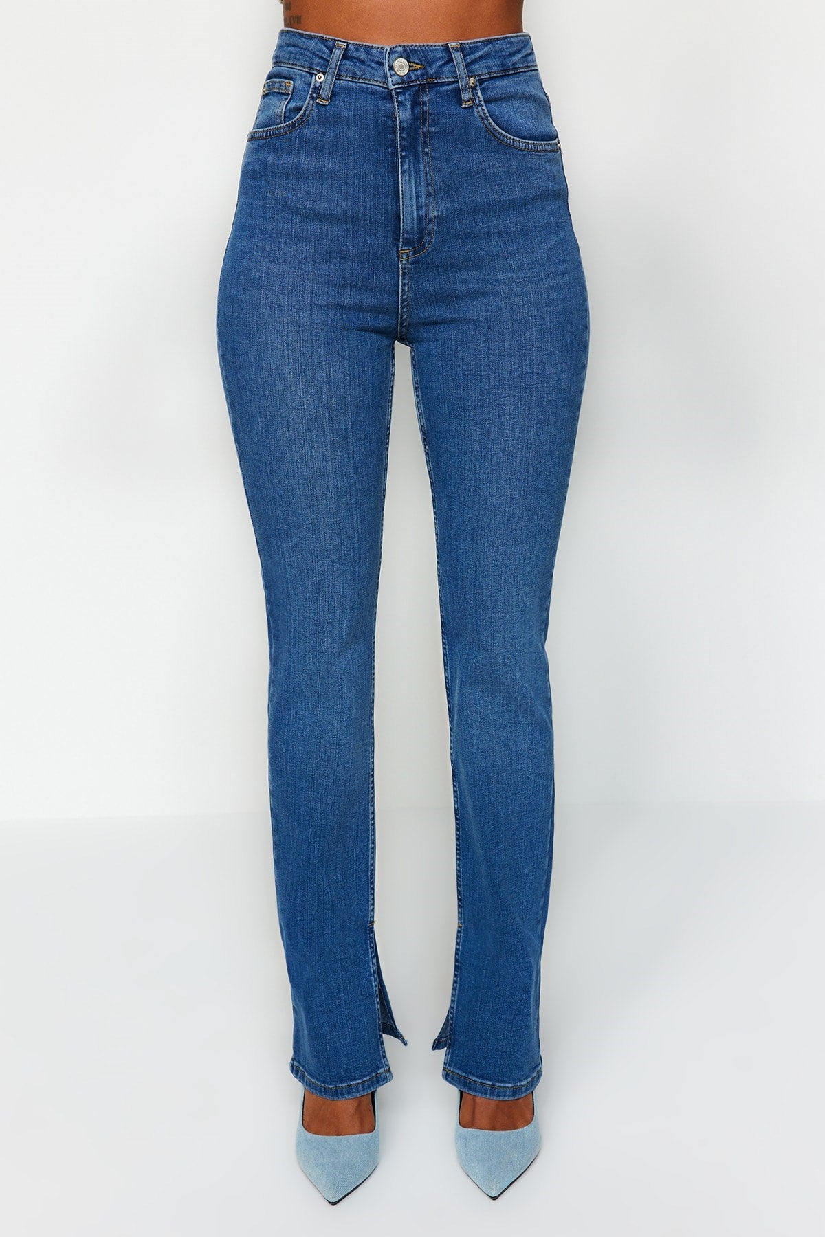 Dark Blue Slit Super High Waist Slim Flare Jeans Twoss22je0643