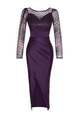 Purple Tulle Detailed Knitted Elegant Evening Dress Tprss24ae00103