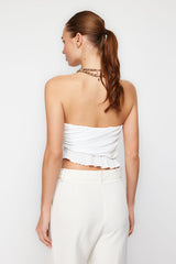 Bridal White Crop Ruffle Knitted Bustier Tprss24bs00014