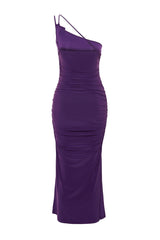 Purple Accessory Rose Detailed Ruffle Bodycone/body Fit Flexible Knitted Midi Pencil Dress Twoss24el