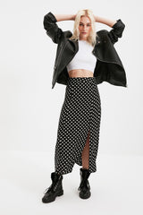 Black Polka Dot Slit Detail Viscose Fabric Midi Woven Skirt Twoaw20et0205