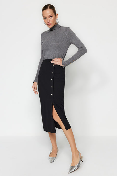 Black Smart Crepe Button Detailed High Waist Midi Pencil Flexible Knitted Skirt Twoss23et00320