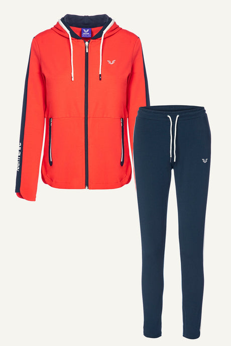 Women's Red Hooded Pocket Casual And Sports Tracksuit Bottom, Top Set 6186 Tycvoyeczn169536565128852