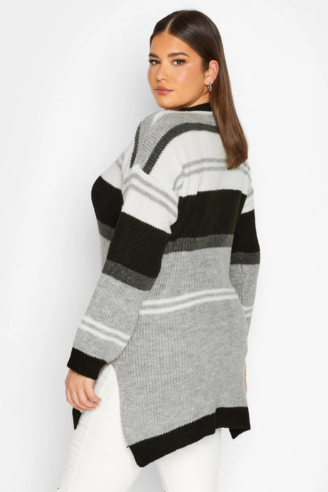 Plus Size Striped Round Neck Slit Detailed Knitwear Sweater 301831