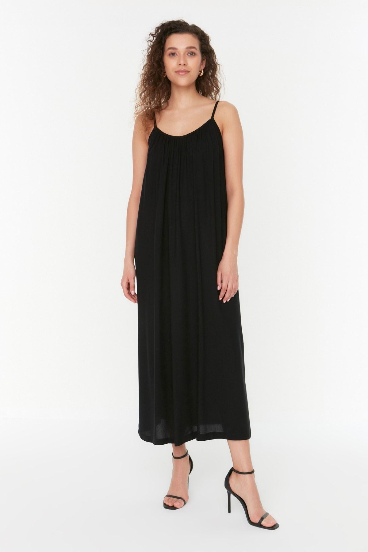 Black Shift/straight Cut Viscose Strappy Maxi Woven Dress Twoss22el00068