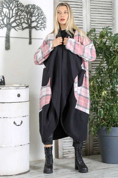 Black And White Handkerchief Collar Long Sleeve Plaid Double Pockets Long Fit Woven Slipknot Coat M1