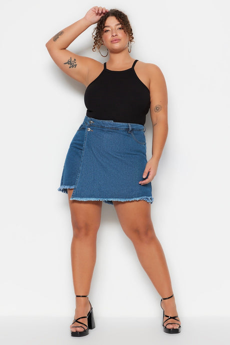 Dark Blue High Waist Skirt Tipped Tassel Shorts Skirt Tbbss23ap00008