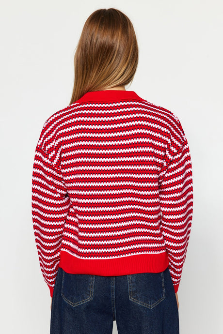 Red Striped Polo Collar Knitwear Sweater Twoaw24kz00431