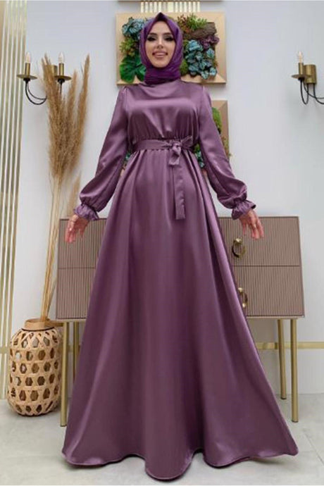 Women Purple Belted Cuffs Elastic Satin Evening Dress T 1973 23yabltr1973